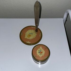 Vtg 40s/50s pink‎ & cream mirror & jar set